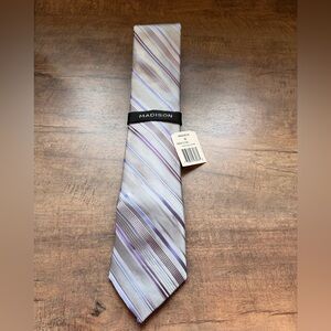 NWT Madison 100% Silk Striped Tie Gray Purple Classic Woven Designer Men's